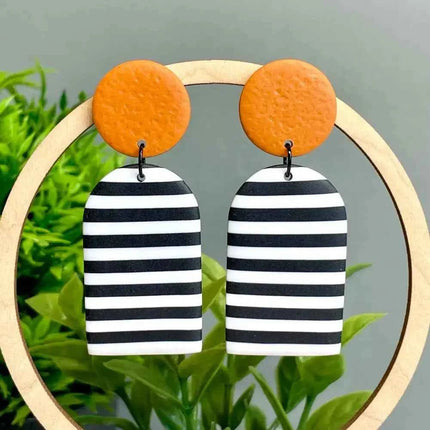 Monochrome Stripe Polymer Clay Dangle Earrings Burnt Orange