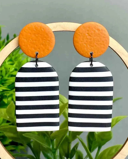 Monochrome Stripe Polymer Clay Dangle Earrings Burnt Orange