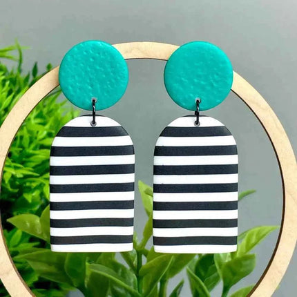 Monochrome Stripe Polymer Clay Dangle Earrings Emerald Green