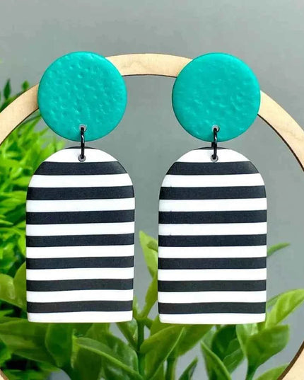 Monochrome Stripe Polymer Clay Dangle Earrings Emerald Green