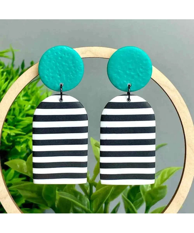 Monochrome Stripe Polymer Clay Dangle Earrings Emerald Green