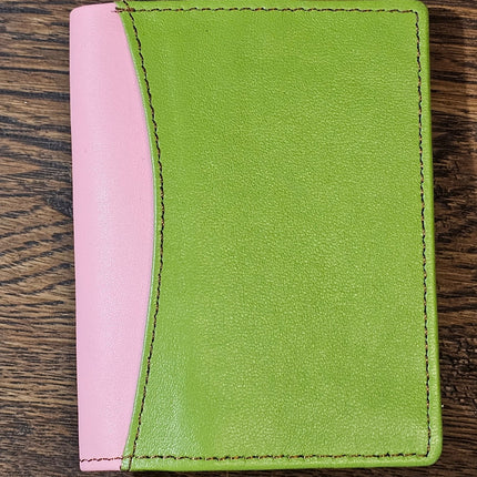 Multicoloured Recycled Leather Card Holder - Fairtrade Green and Bright pink