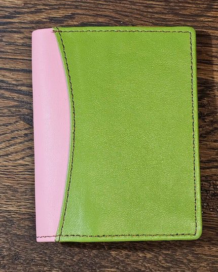 Multicoloured Recycled Leather Card Holder - Fairtrade Green and Bright pink