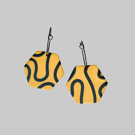 Mustard & Black Squiggle Hexagon Hoop Earrings