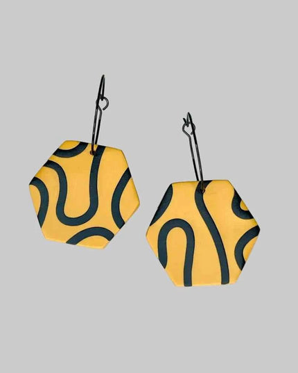 Mustard & Black Squiggle Hexagon Hoop Earrings