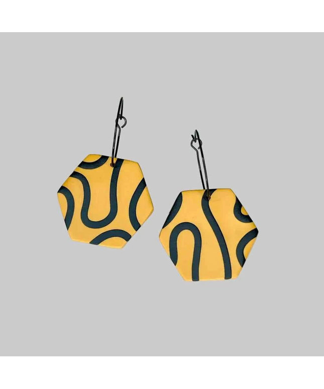 Mustard & Black Squiggle Hexagon Hoop Earrings