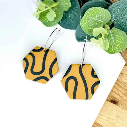 Mustard & Black Squiggle Hexagon Hoop Earrings