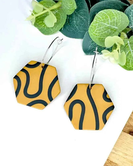 Mustard & Black Squiggle Hexagon Hoop Earrings