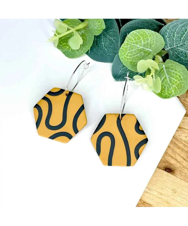 Mustard & Black Squiggle Hexagon Hoop Earrings
