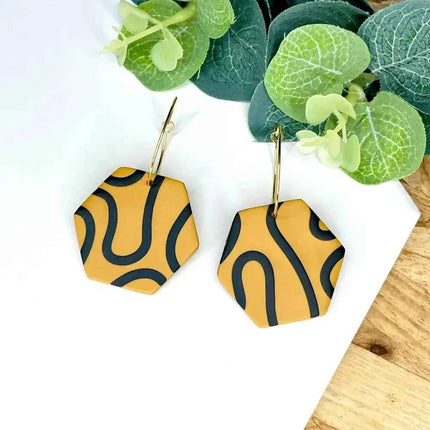 Mustard & Black Squiggle Hexagon Hoop Earrings
