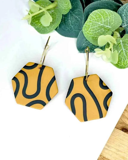 Mustard & Black Squiggle Hexagon Hoop Earrings