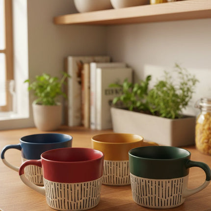 Four ceramic mugs in mustard yellow, dark green, blue, and red.