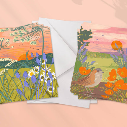 Pack of 12 notecards with envelopes, 2 floral illustrations
