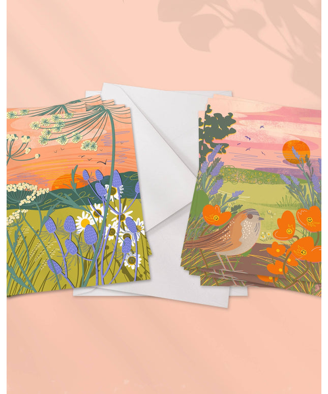 Pack of 12 notecards with envelopes, 2 floral illustrations