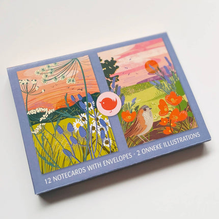 Pack of 12 notecards with envelopes, 2 floral illustrations