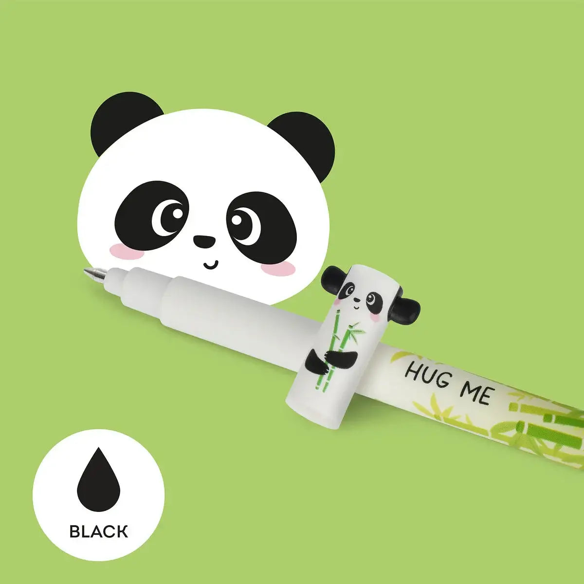 Panda-themed pen with black ink on a green background