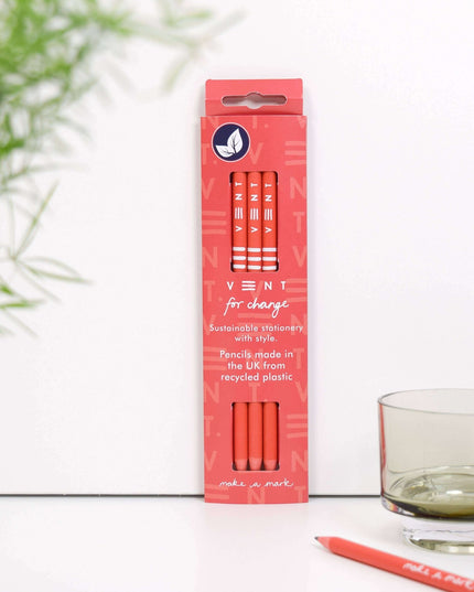 Writing Pencils Pack of 3 recycled - various designs Scarlet Red