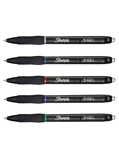 Set of five Sharpie S-Gel pens with color-coded ink caps on a white background