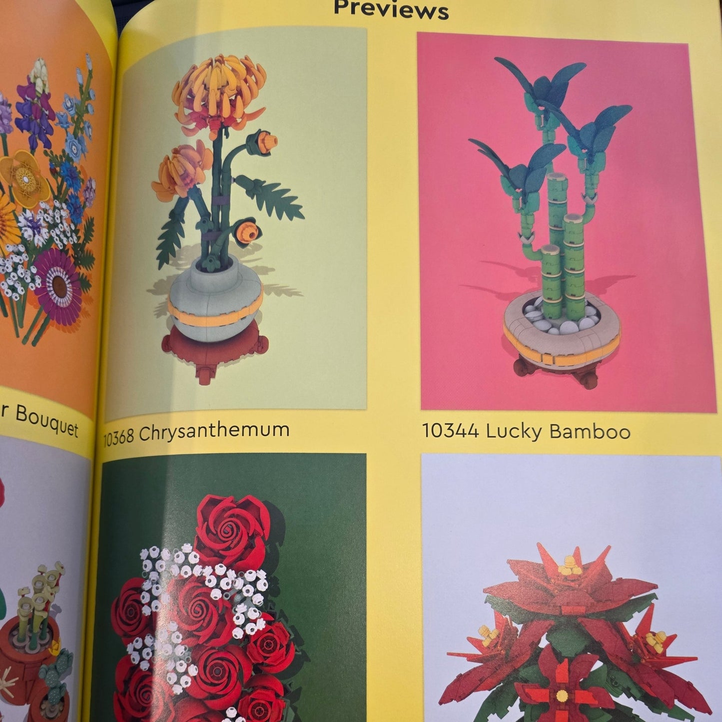 Floral designs on a book or catalog page with colorful backgrounds.