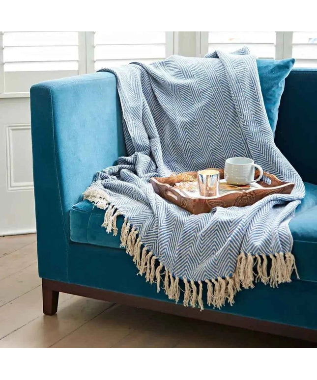 Recycled Cotton Woven Chevron Throw Blue