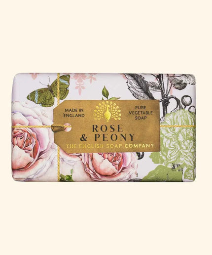 Bar of soap with floral design and 'Rose & Plony' label on a white background