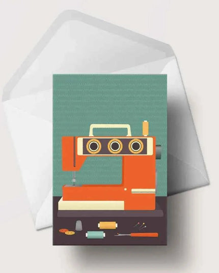 Retro Sewing Machine Greeting Card Blue