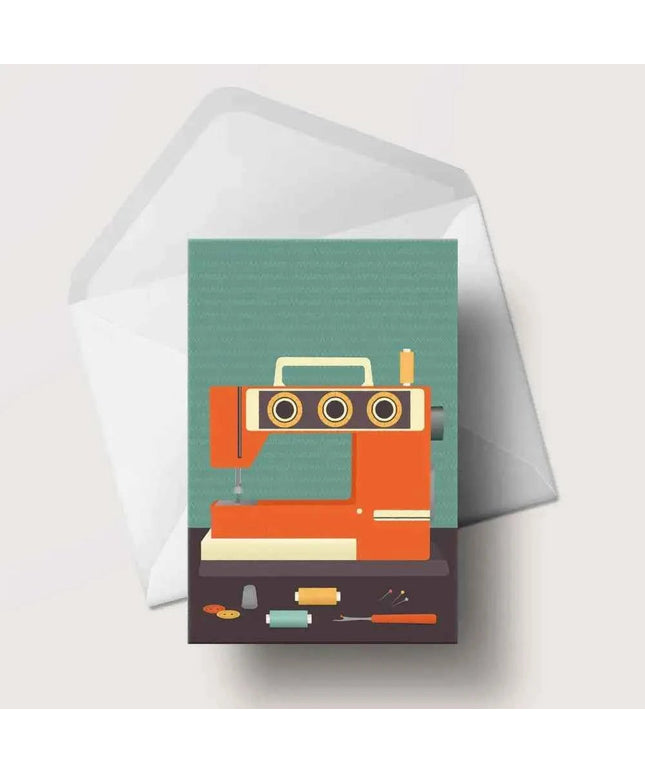 Retro Sewing Machine Greeting Card Blue