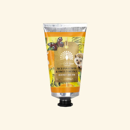 Hand cream tube with Sicilian Lemon & Sweet Orange flavor on a white background