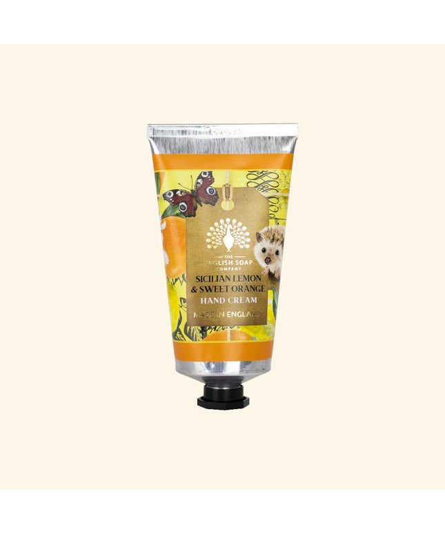 Hand cream tube with Sicilian Lemon & Sweet Orange flavor on a white background