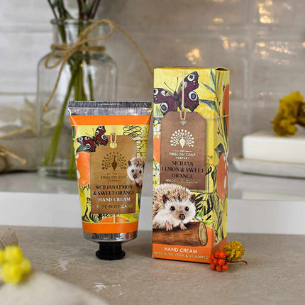 Hand cream packaging with hedgehog design on a neutral background