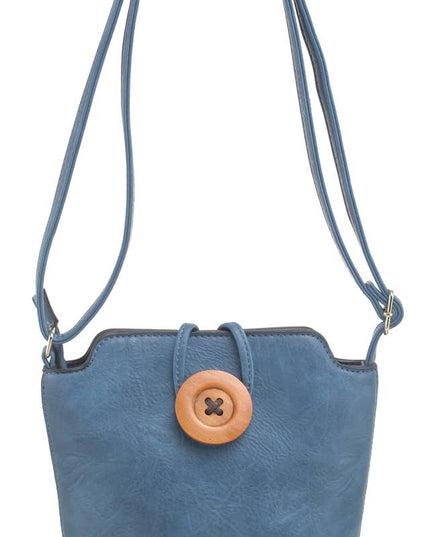 Small Wooden Button Crossbody Bag. Blue