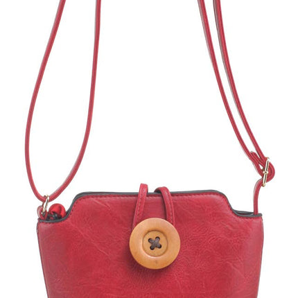 Small Wooden Button Crossbody Bag. Red