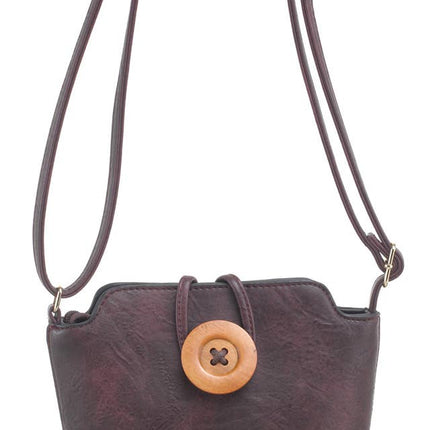 Small Wooden Button Crossbody Bag. GRAPE