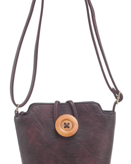 Small Wooden Button Crossbody Bag. GRAPE