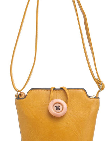 Small Wooden Button Crossbody Bag. Yellow