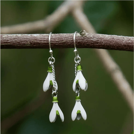 Snowdrop White Flower Drop Hook Earrings Silver Plated