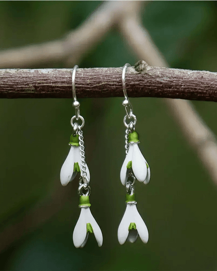 Snowdrop White Flower Drop Hook Earrings Silver Plated