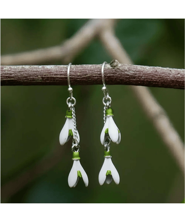Snowdrop White Flower Drop Hook Earrings Silver Plated