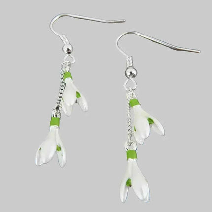 Snowdrop White Flower Drop Hook Earrings Silver Plated
