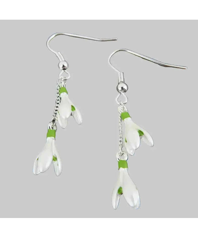 Snowdrop White Flower Drop Hook Earrings Silver Plated