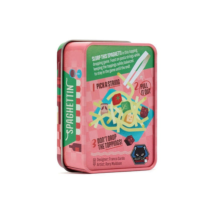 A pink metal tin package for Spaghetti game, featuring colourful illustrations of spaghetti, pasta pieces, and game text on a clean white background.