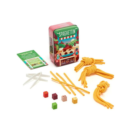 Spaghetti game with a pink and green tin, yellow spaghetti strands, white plastic forks, and small coloured blocks on a white background.