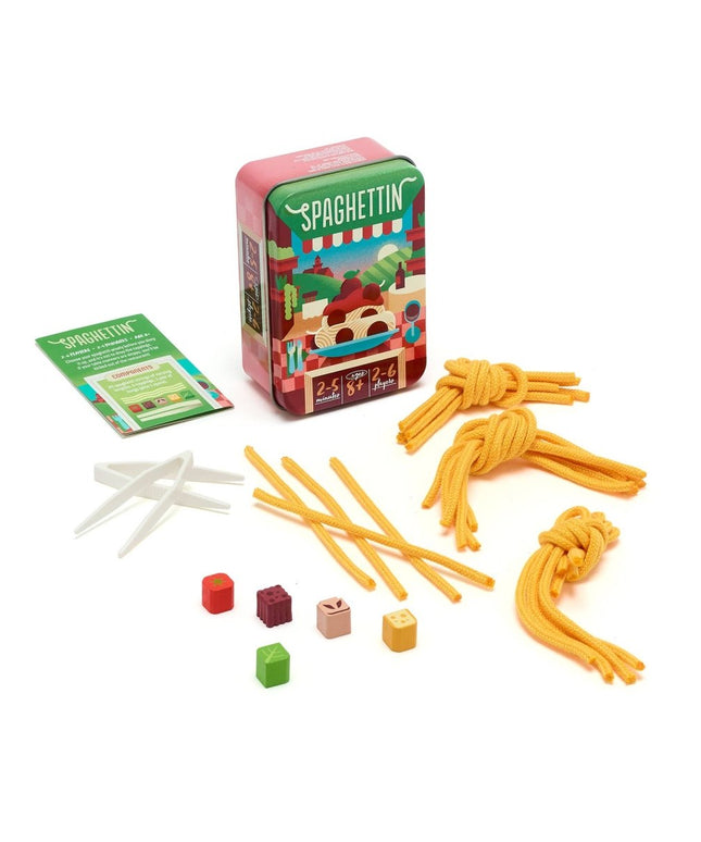 Spaghetti game with a pink and green tin, yellow spaghetti strands, white plastic forks, and small coloured blocks on a white background.
