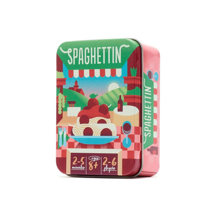 A square tin box for 'Spaghetti' by The Game, featuring a colorful retro illustration of a spaghetti bowl with tomatoes and a pizzeria scene. The packaging includes a green top banner with 'SPAGHETTIN' in white, a pink side panel, and a red-and-white checkered base.