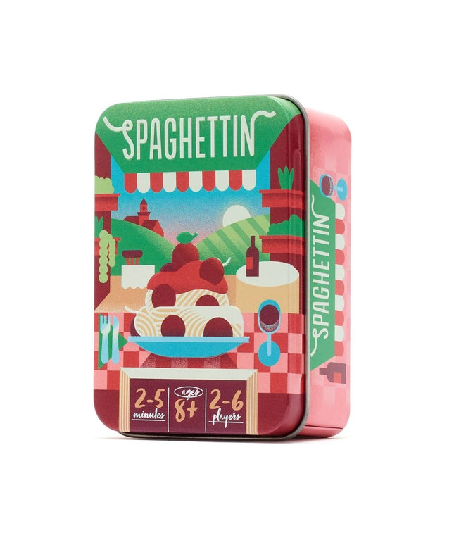 A square tin box for 'Spaghetti' by The Game, featuring a colorful retro illustration of a spaghetti bowl with tomatoes and a pizzeria scene. The packaging includes a green top banner with 'SPAGHETTIN' in white, a pink side panel, and a red-and-white checkered base.