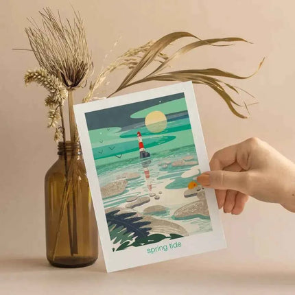 Spring tide - lighthouse, coastal greetings card