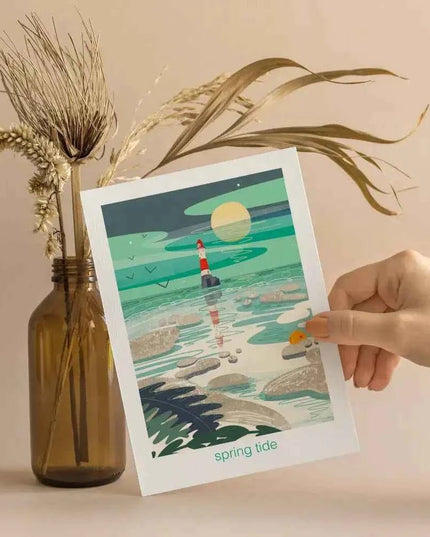 Spring tide - lighthouse, coastal greetings card
