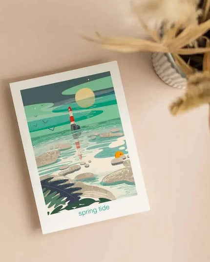 Spring tide - lighthouse, coastal greetings card