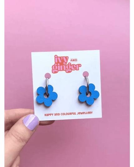Statement blue hand painted fun wooden flower hoop earrings