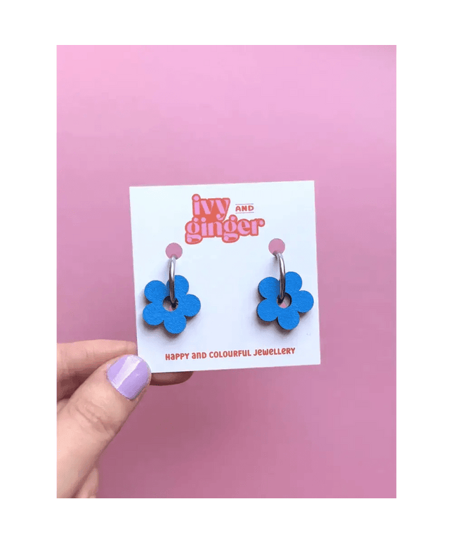 Statement blue hand painted fun wooden flower hoop earrings